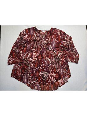 Maurices Womens Paisley Print Blouse 3X Red & Purple 3/4 Sleeve Plus Size Top